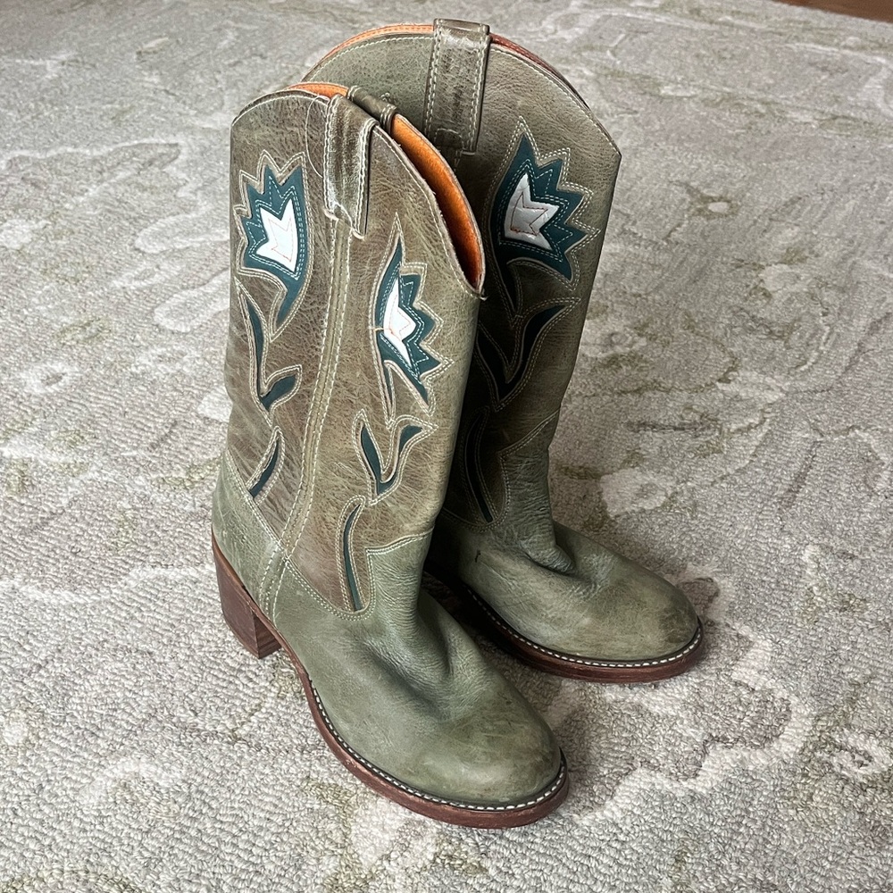 Vintage Frye Campus Leather Boots Green Floral